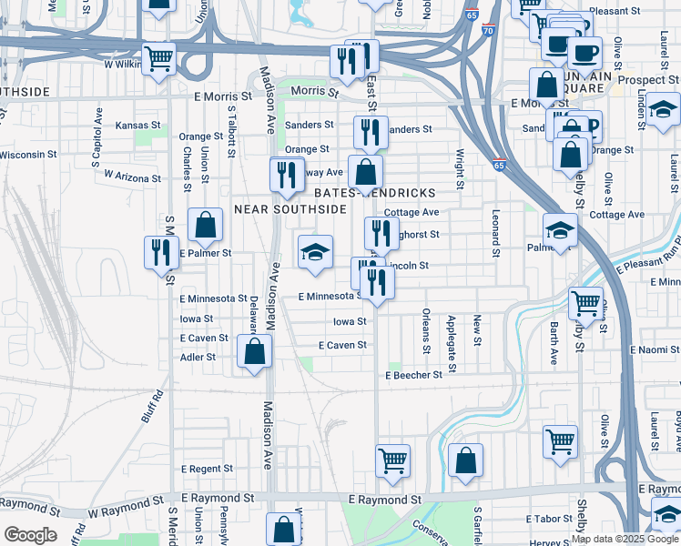 map of restaurants, bars, coffee shops, grocery stores, and more near 333 Lincoln Street in Indianapolis