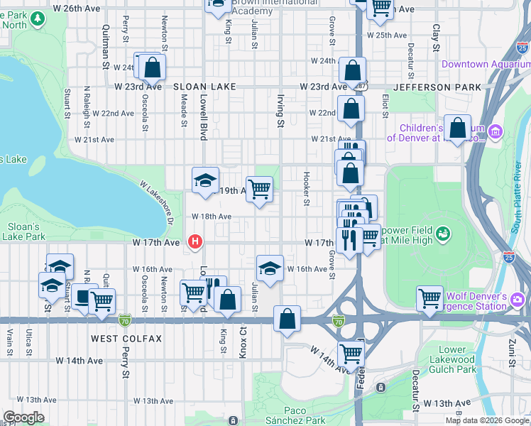 map of restaurants, bars, coffee shops, grocery stores, and more near 3355 West 18th Avenue in Denver