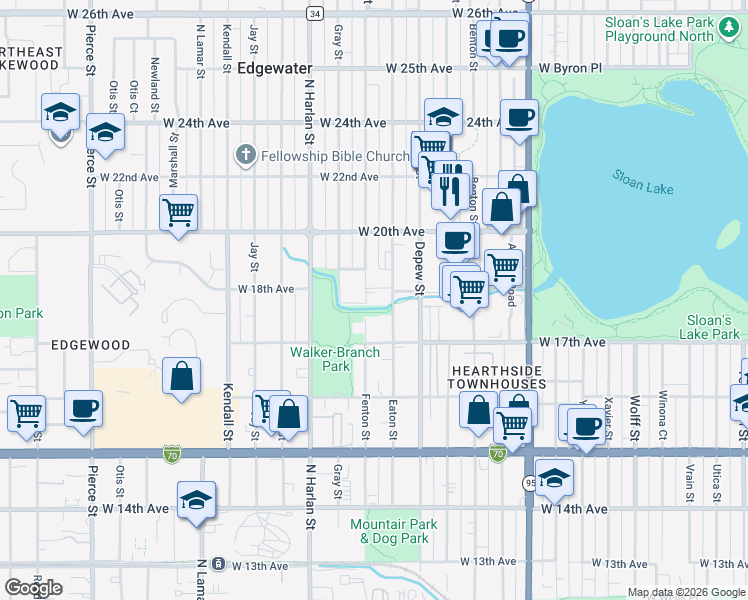 map of restaurants, bars, coffee shops, grocery stores, and more near 1800 Fenton Street in Lakewood