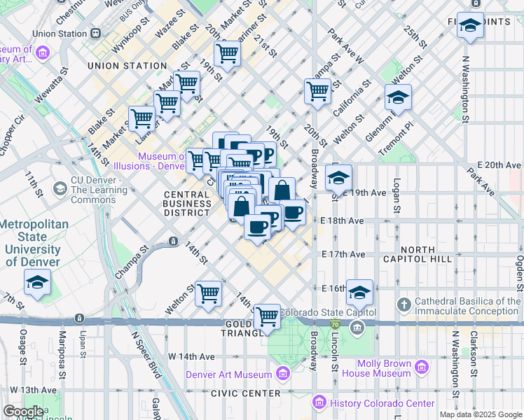 map of restaurants, bars, coffee shops, grocery stores, and more near 600 17th Street in Denver