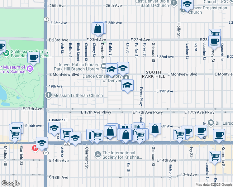 map of restaurants, bars, coffee shops, grocery stores, and more near 4844 East 19th Avenue in Denver