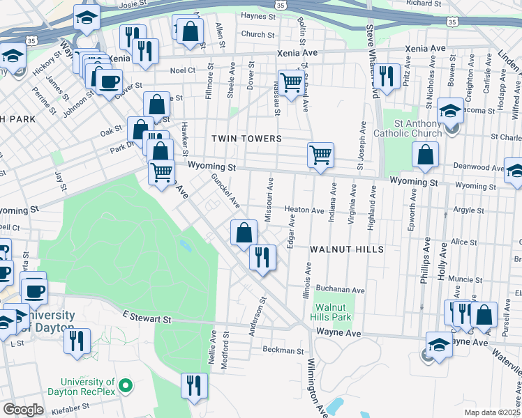 map of restaurants, bars, coffee shops, grocery stores, and more near 122 Heaton Avenue in Dayton