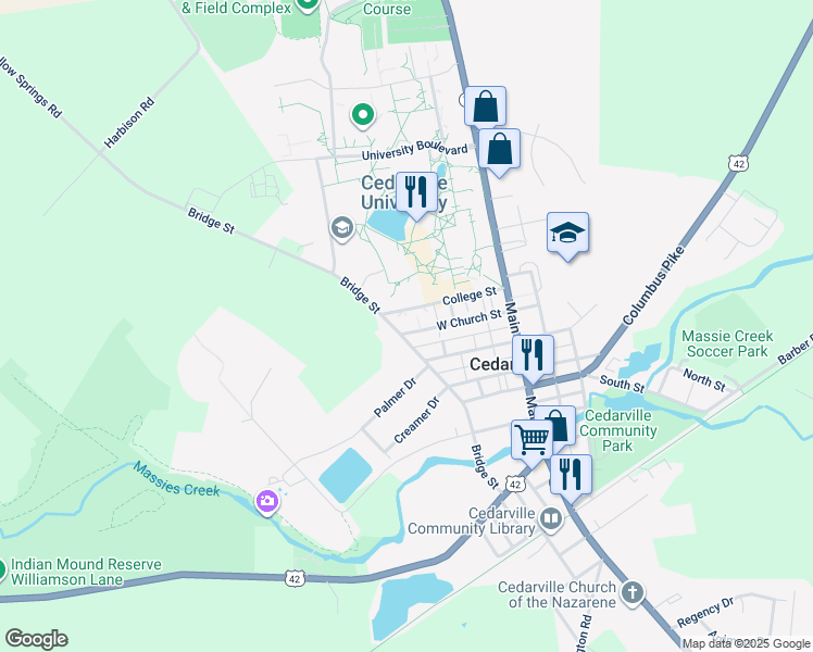 map of restaurants, bars, coffee shops, grocery stores, and more near 128 W Church St in Cedarville