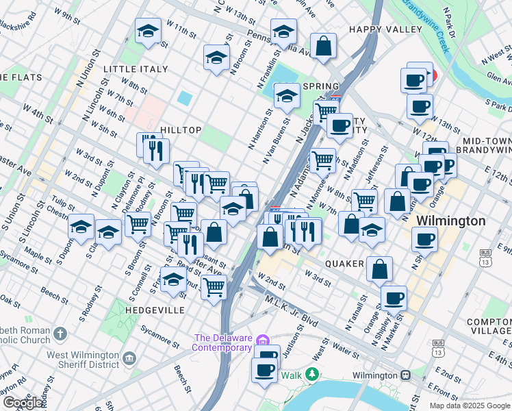 map of restaurants, bars, coffee shops, grocery stores, and more near 1017 West 5th Street in Wilmington