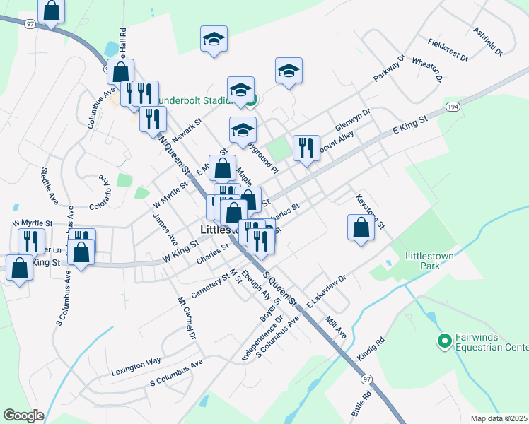 map of restaurants, bars, coffee shops, grocery stores, and more near 61 East King Street in Littlestown