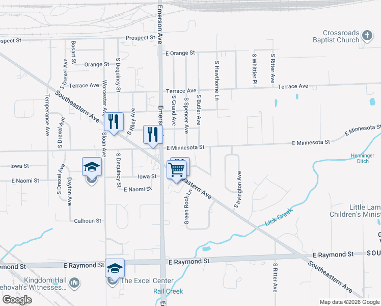map of restaurants, bars, coffee shops, grocery stores, and more near 1710 South Spencer Avenue in Indianapolis