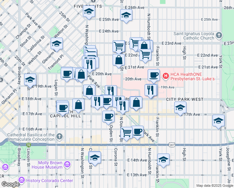 map of restaurants, bars, coffee shops, grocery stores, and more near 1818 North Ogden Street in Denver