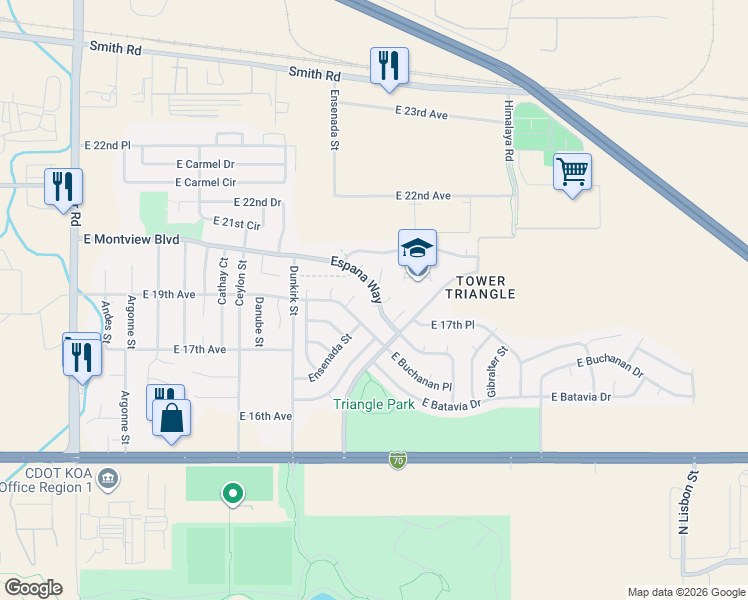 map of restaurants, bars, coffee shops, grocery stores, and more near 1936 Ensenada Street in Aurora