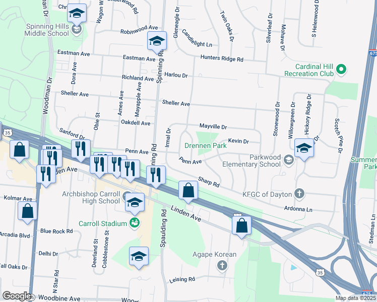 map of restaurants, bars, coffee shops, grocery stores, and more near 1171 Share Drive in Dayton