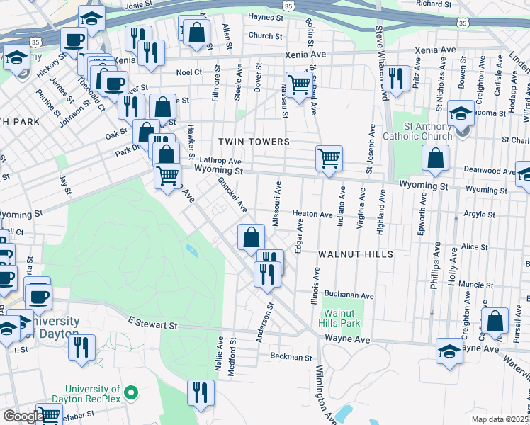 map of restaurants, bars, coffee shops, grocery stores, and more near 116 Heaton Avenue in Dayton
