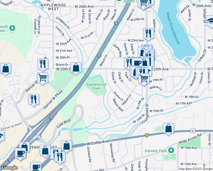 map of restaurants, bars, coffee shops, grocery stores, and more near 1925 Alkire Street in Golden