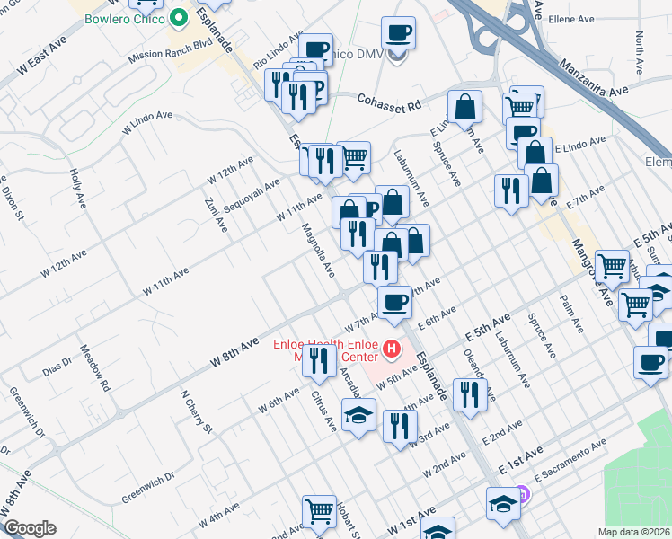 map of restaurants, bars, coffee shops, grocery stores, and more near 1826 Magnolia Avenue in Chico