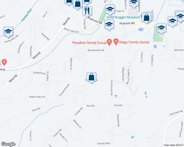 map of restaurants, bars, coffee shops, grocery stores, and more near 5476 Foster Road in Paradise