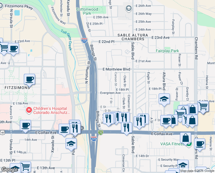 map of restaurants, bars, coffee shops, grocery stores, and more near 1861 Bounty Street in Aurora