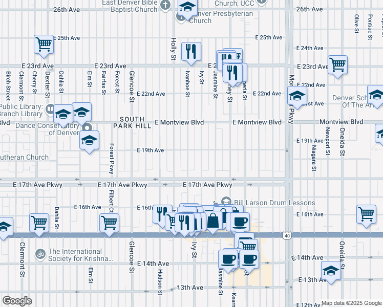 map of restaurants, bars, coffee shops, grocery stores, and more near 5730 East 19th Avenue in Denver