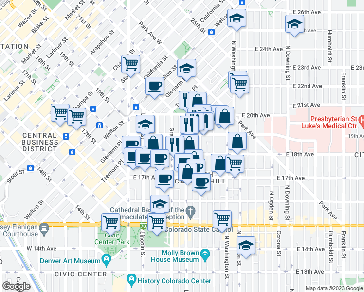 map of restaurants, bars, coffee shops, grocery stores, and more near in Denver