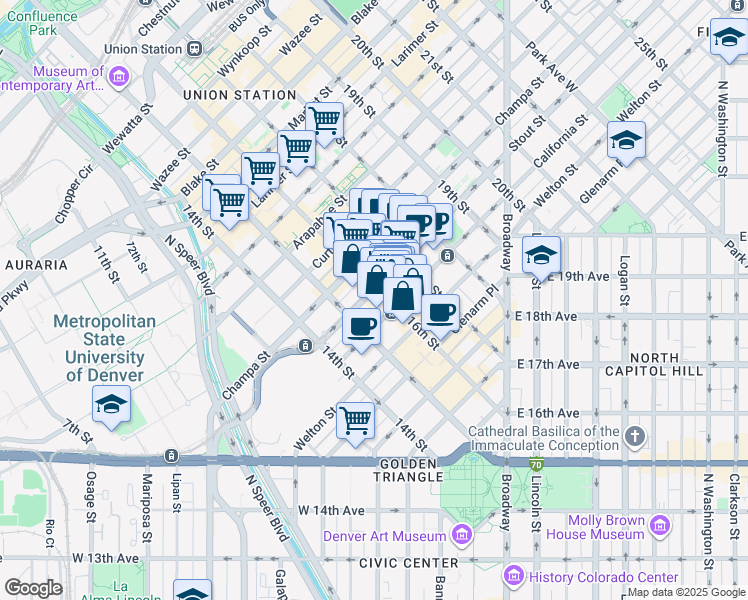 map of restaurants, bars, coffee shops, grocery stores, and more near 801 16th Street Mall in Denver