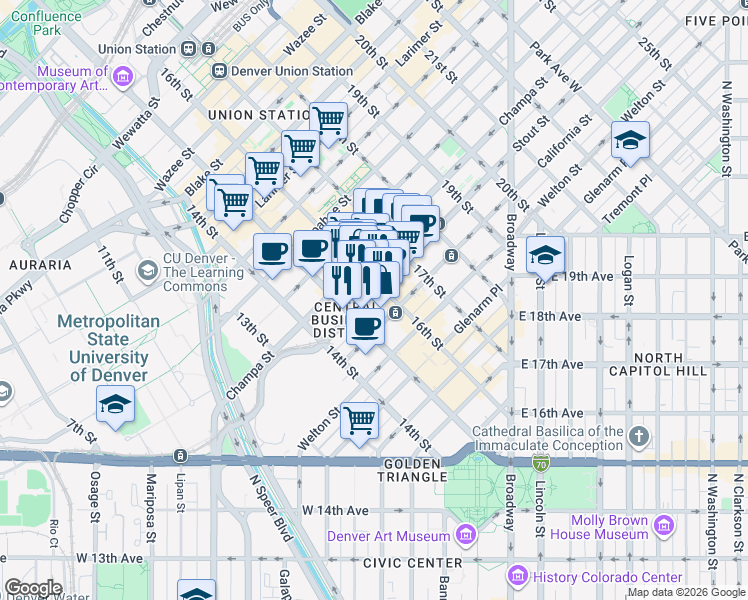 map of restaurants, bars, coffee shops, grocery stores, and more near in Denver