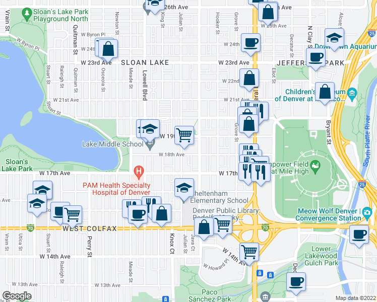map of restaurants, bars, coffee shops, grocery stores, and more near 1802 Julian Street in Denver