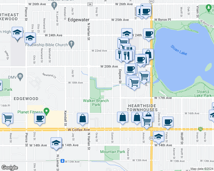 map of restaurants, bars, coffee shops, grocery stores, and more near 1800 Fenton Street in Lakewood