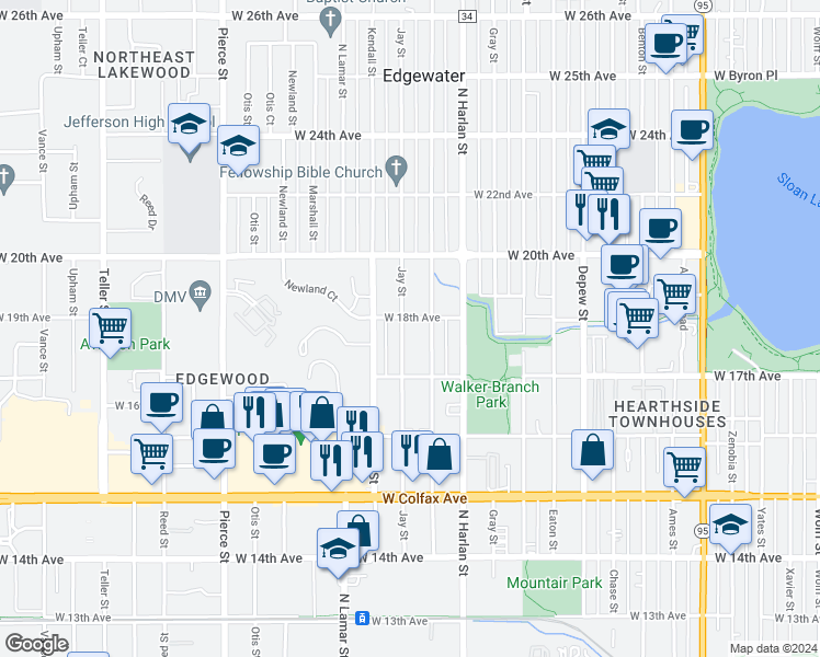 map of restaurants, bars, coffee shops, grocery stores, and more near 1790 Jay Street in Lakewood