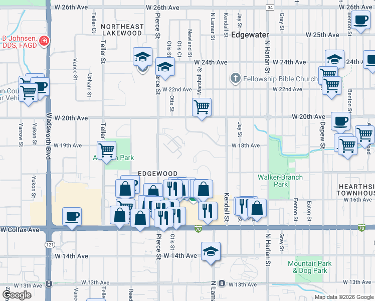 map of restaurants, bars, coffee shops, grocery stores, and more near 6765 West 19th Place in Denver