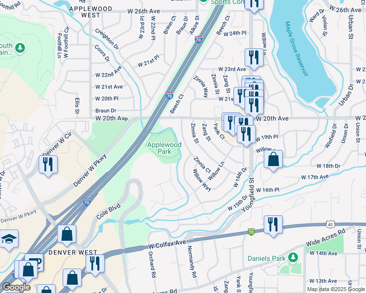 map of restaurants, bars, coffee shops, grocery stores, and more near 1925 Alkire Street in Golden