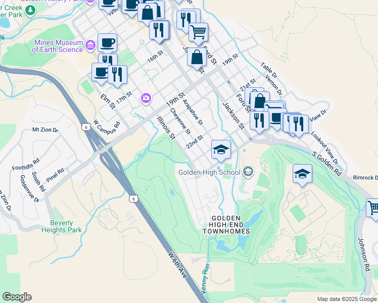 map of restaurants, bars, coffee shops, grocery stores, and more near 2214 Cheyenne Street in Golden