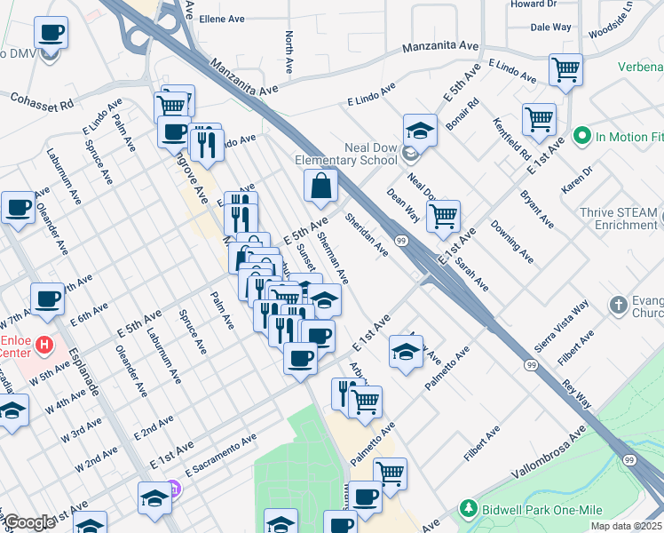 map of restaurants, bars, coffee shops, grocery stores, and more near 1301 Sheridan Avenue in Chico