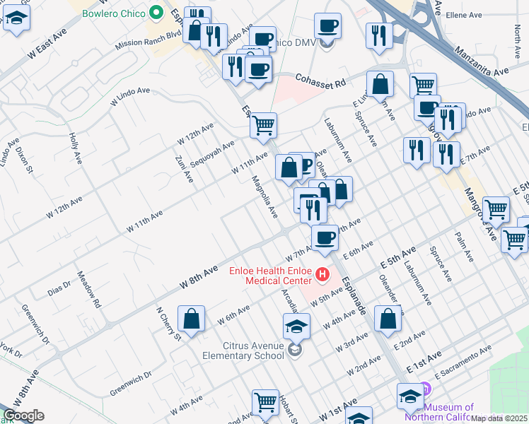 map of restaurants, bars, coffee shops, grocery stores, and more near 1901 Magnolia Avenue in Chico