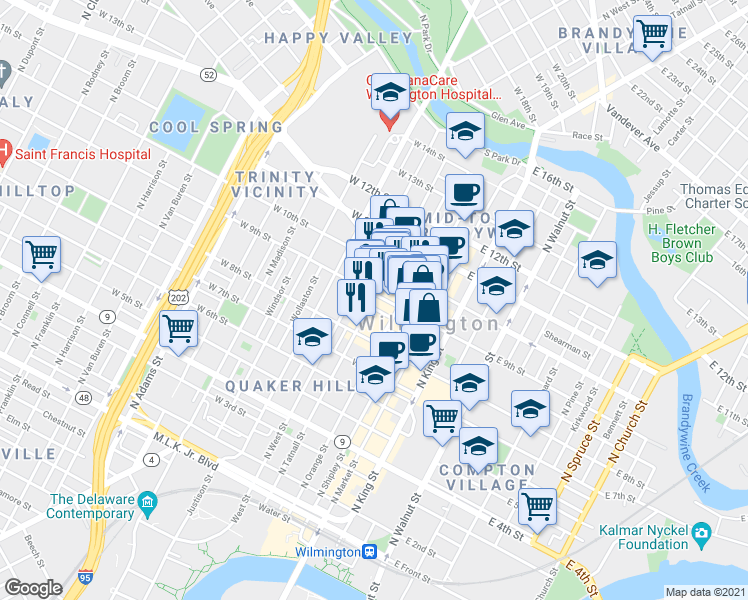 map of restaurants, bars, coffee shops, grocery stores, and more near 222 West 9th Street in Wilmington