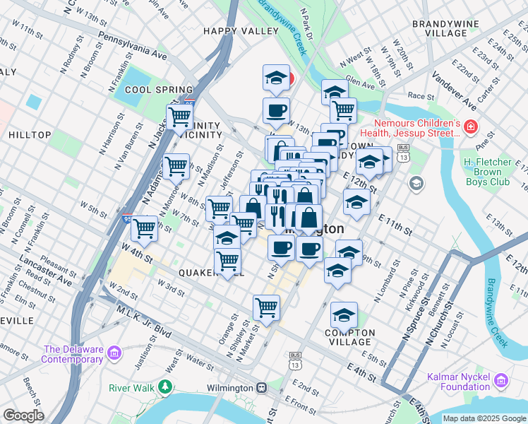 map of restaurants, bars, coffee shops, grocery stores, and more near 222 West 9th Street in Wilmington