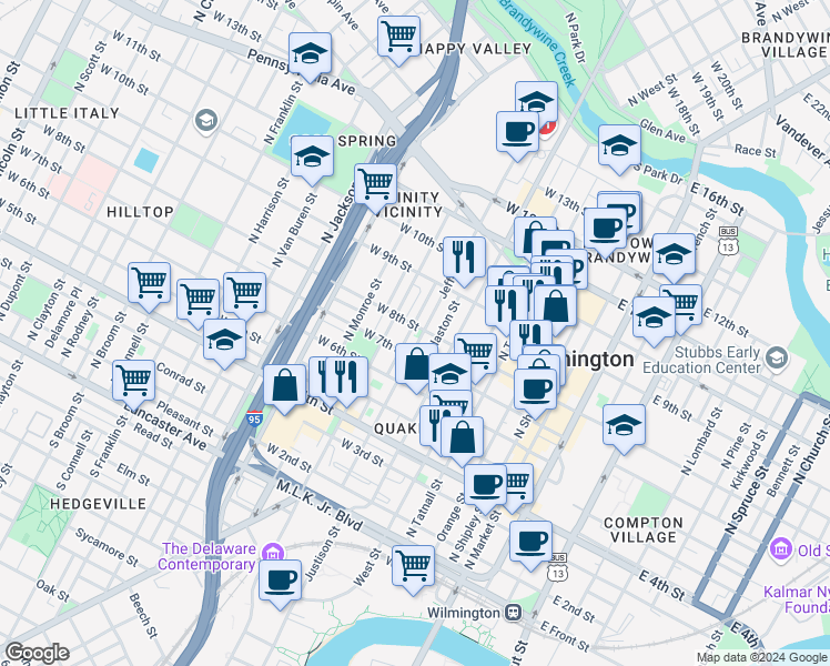map of restaurants, bars, coffee shops, grocery stores, and more near 612 West 8th Street in Wilmington
