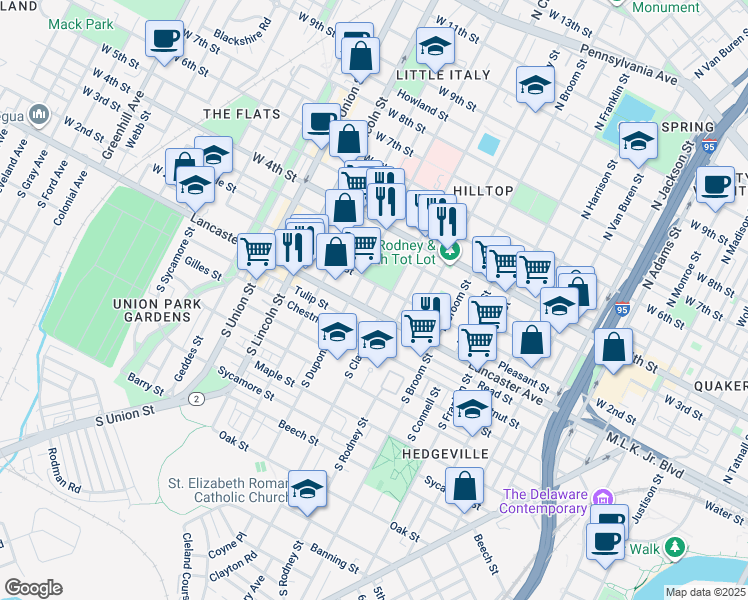map of restaurants, bars, coffee shops, grocery stores, and more near 108 Ruth Street in Wilmington