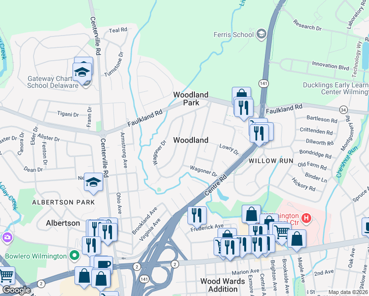 map of restaurants, bars, coffee shops, grocery stores, and more near 1027 Gallery Road in Wilmington