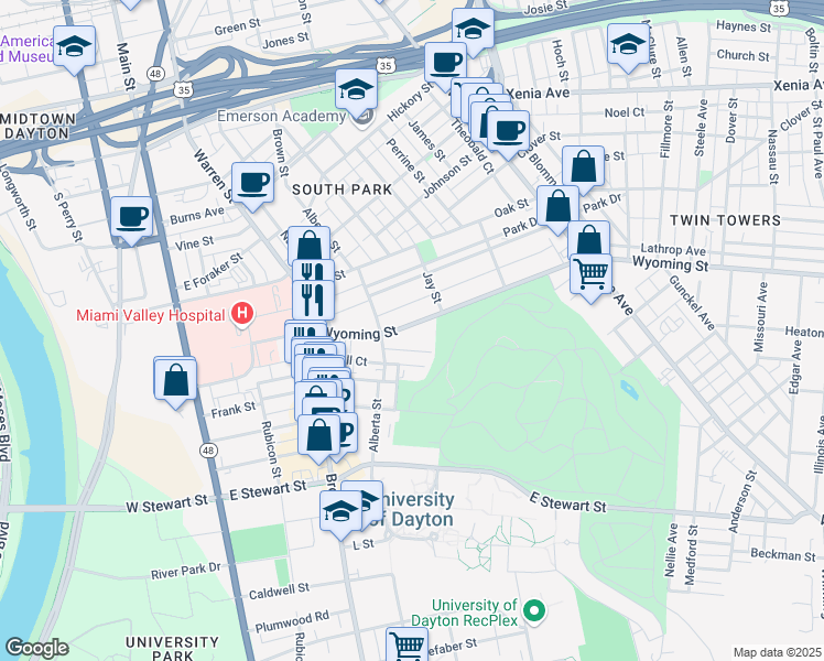 map of restaurants, bars, coffee shops, grocery stores, and more near 354 Wyoming Street in Dayton