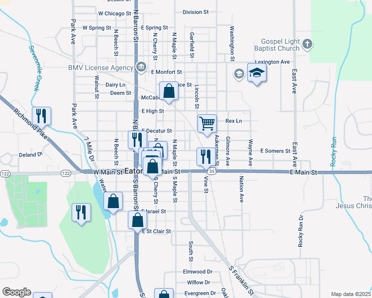 map of restaurants, bars, coffee shops, grocery stores, and more near 410 East Somers Street in Eaton