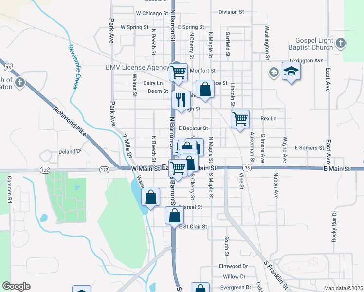 map of restaurants, bars, coffee shops, grocery stores, and more near 104 East Somers Street in Eaton