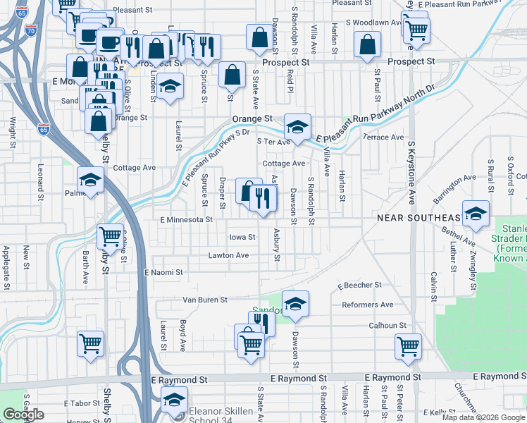 map of restaurants, bars, coffee shops, grocery stores, and more near 1633 South State Avenue in Indianapolis