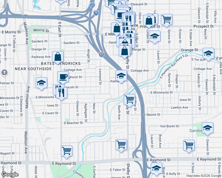 map of restaurants, bars, coffee shops, grocery stores, and more near 1001 Palmer Street in Indianapolis