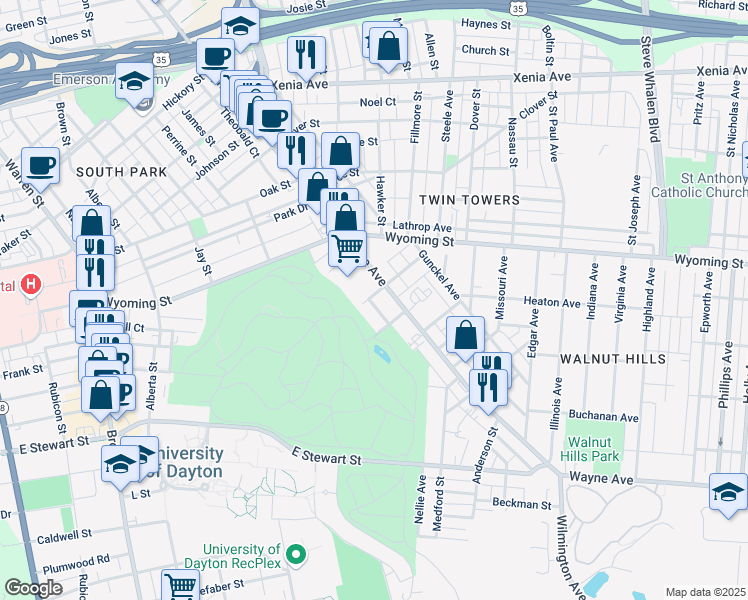 map of restaurants, bars, coffee shops, grocery stores, and more near 18 Glencoe Avenue in Dayton