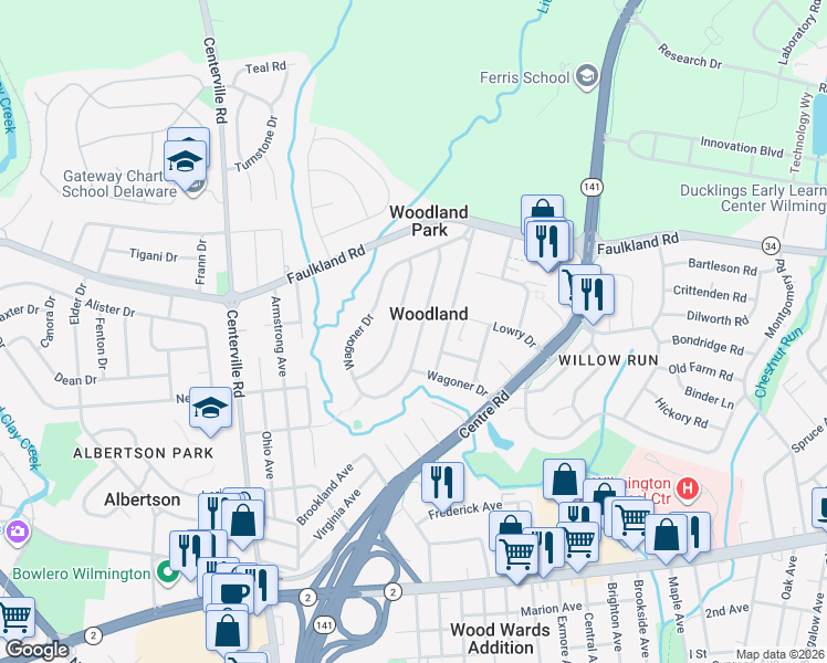 map of restaurants, bars, coffee shops, grocery stores, and more near 1027 Gallery Road in Wilmington