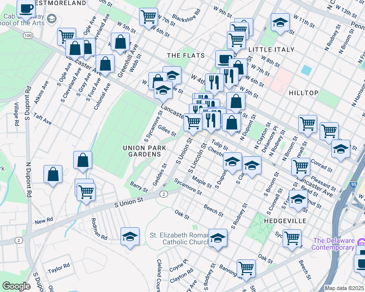 map of restaurants, bars, coffee shops, grocery stores, and more near 223 South Union Street in Wilmington