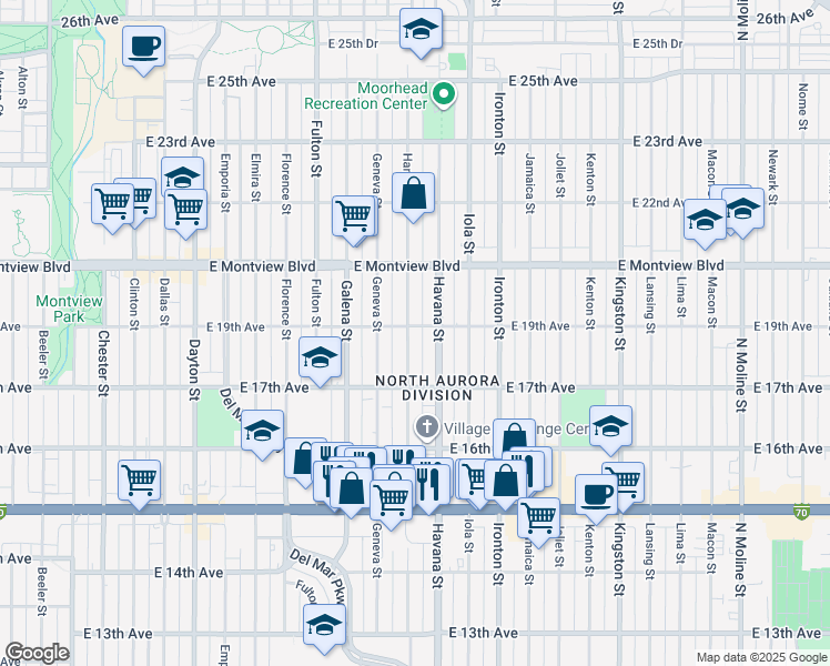 map of restaurants, bars, coffee shops, grocery stores, and more near 1770 Hanover Street in Aurora