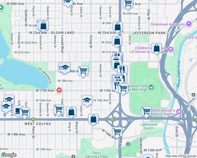 map of restaurants, bars, coffee shops, grocery stores, and more near 3215 West 18th Avenue in Denver