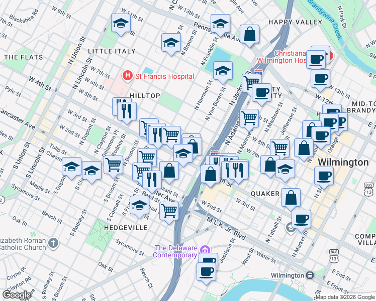 map of restaurants, bars, coffee shops, grocery stores, and more near 415 North Van Buren Street in Wilmington