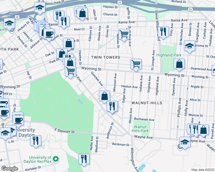 map of restaurants, bars, coffee shops, grocery stores, and more near 102 Colorado Avenue in Dayton