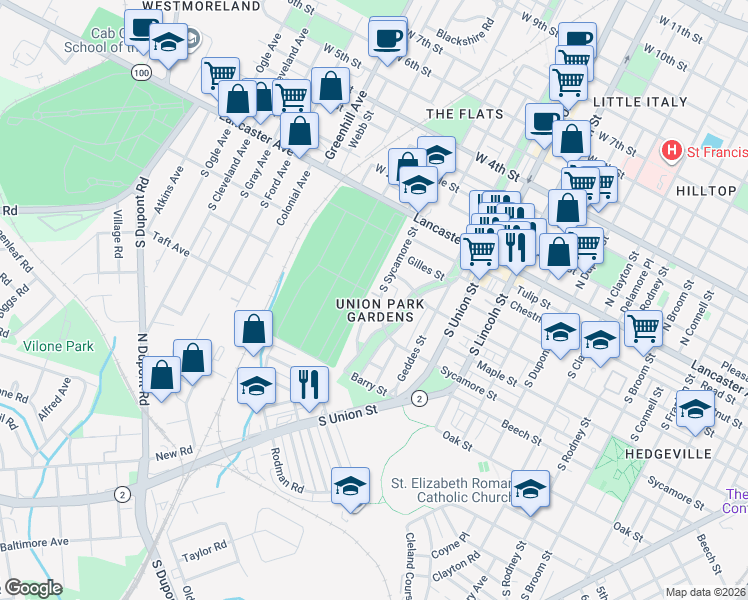 map of restaurants, bars, coffee shops, grocery stores, and more near 443 South Sycamore Street in Wilmington