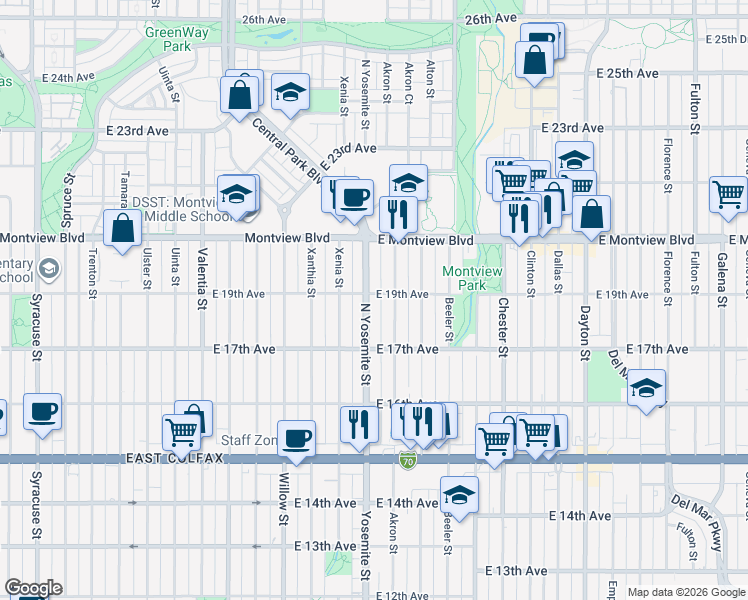 map of restaurants, bars, coffee shops, grocery stores, and more near 1790 Yosemite Street in Denver