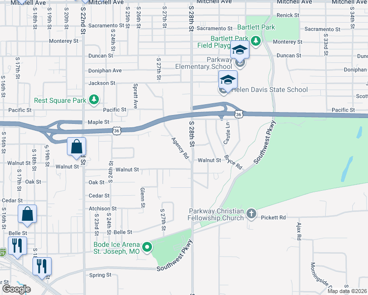 map of restaurants, bars, coffee shops, grocery stores, and more near 2307 Agency Road in Saint Joseph